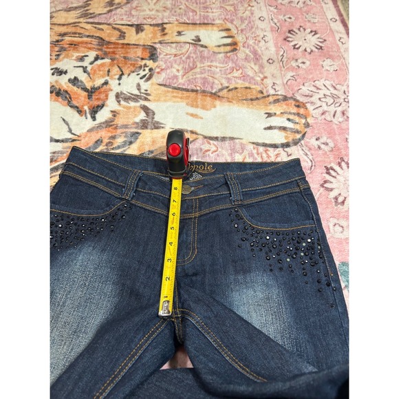 Y2K Southpole Dark Wash Low Rise Flare Jeans Rhinestone Embellished Size 9 - Picture 7 of 8